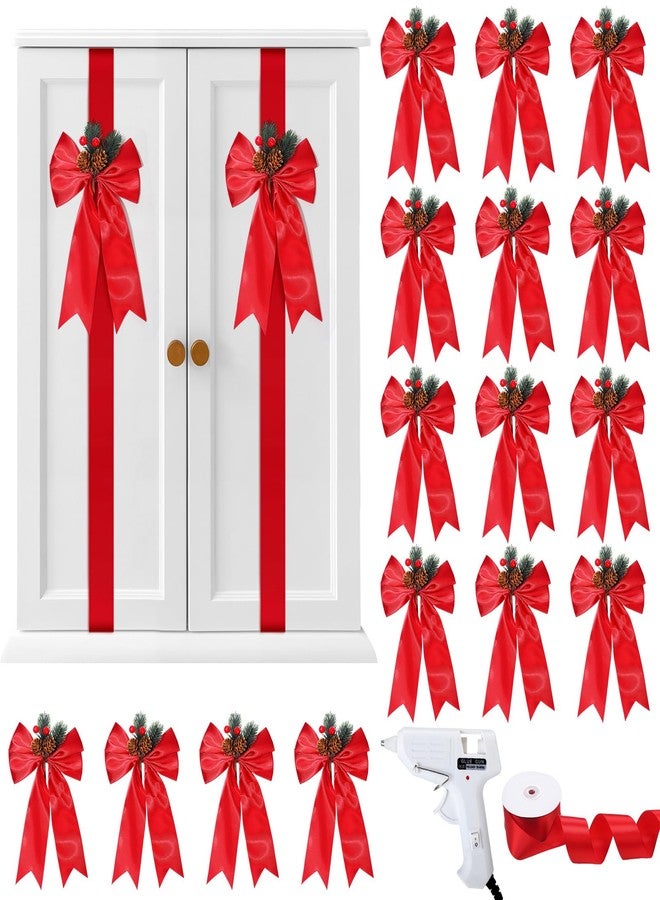 Daifunli 16 Pcs Christmas Cabinet Ribbon Bows with Pine Cone Decor DIY Large Red Cabinet Bows with 30 Yard Ribbon Xmas Decoration for DIY Christmas Tree Door Home Holiday Home Kitchen Gifts Supplies - Image 1